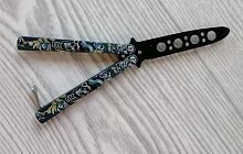 Макет ножа Бабочка металл на винтах (затупленный) 17 см Череп с волком 312150