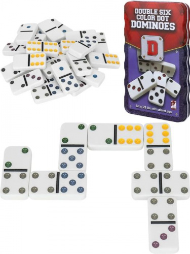 Домино кость 2,5х5 см в метал. кор. (цветные точки) 11х19 см 995866