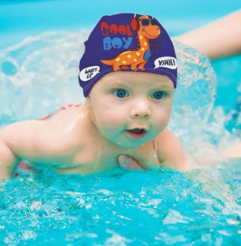 Шапочка для плавания детская Lycra синяя Динозаврик оранжевый 996874